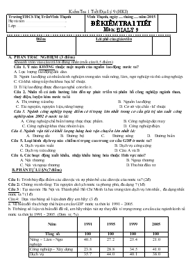 Đề kiểm tra 1 tiết môn địa lý 9